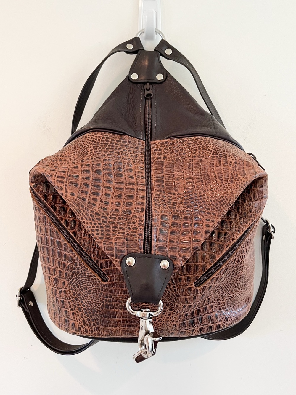 Croc-Embossed Brown Leather Backpack